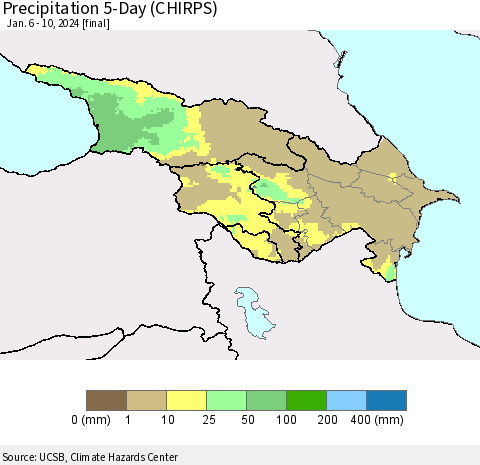 Azerbaijan, Armenia and Georgia Precipitation 5-Day (CHIRPS) Thematic Map For 1/6/2024 - 1/10/2024