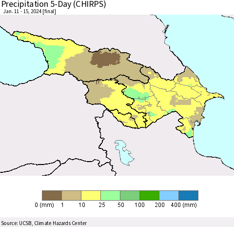 Azerbaijan, Armenia and Georgia Precipitation 5-Day (CHIRPS) Thematic Map For 1/11/2024 - 1/15/2024