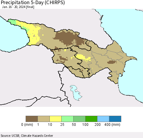 Azerbaijan, Armenia and Georgia Precipitation 5-Day (CHIRPS) Thematic Map For 1/16/2024 - 1/20/2024