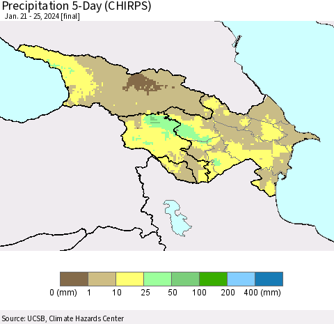 Azerbaijan, Armenia and Georgia Precipitation 5-Day (CHIRPS) Thematic Map For 1/21/2024 - 1/25/2024