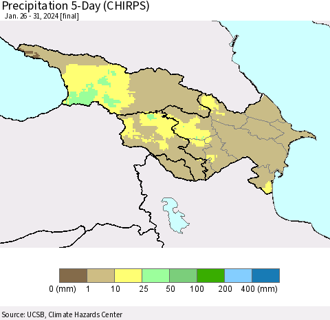 Azerbaijan, Armenia and Georgia Precipitation 5-Day (CHIRPS) Thematic Map For 1/26/2024 - 1/31/2024