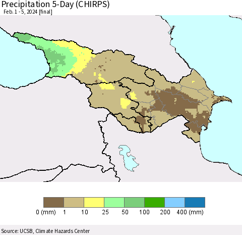 Azerbaijan, Armenia and Georgia Precipitation 5-Day (CHIRPS) Thematic Map For 2/1/2024 - 2/5/2024