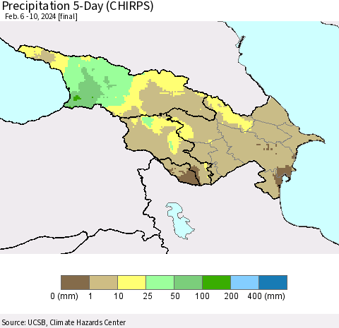 Azerbaijan, Armenia and Georgia Precipitation 5-Day (CHIRPS) Thematic Map For 2/6/2024 - 2/10/2024