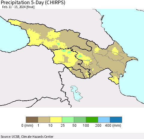 Azerbaijan, Armenia and Georgia Precipitation 5-Day (CHIRPS) Thematic Map For 2/11/2024 - 2/15/2024