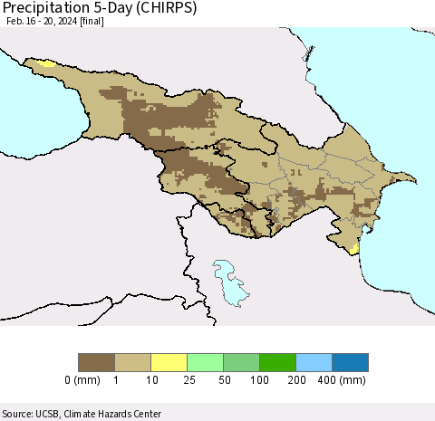 Azerbaijan, Armenia and Georgia Precipitation 5-Day (CHIRPS) Thematic Map For 2/16/2024 - 2/20/2024