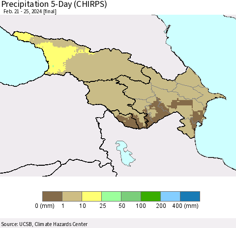 Azerbaijan, Armenia and Georgia Precipitation 5-Day (CHIRPS) Thematic Map For 2/21/2024 - 2/25/2024