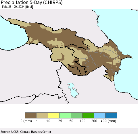 Azerbaijan, Armenia and Georgia Precipitation 5-Day (CHIRPS) Thematic Map For 2/26/2024 - 2/29/2024