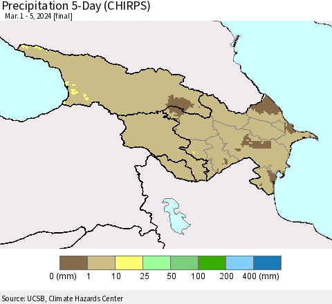 Azerbaijan, Armenia and Georgia Precipitation 5-Day (CHIRPS) Thematic Map For 3/1/2024 - 3/5/2024