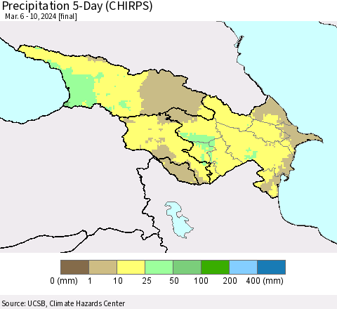 Azerbaijan, Armenia and Georgia Precipitation 5-Day (CHIRPS) Thematic Map For 3/6/2024 - 3/10/2024