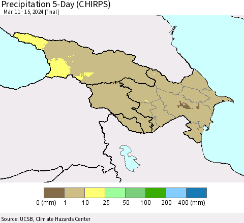 Azerbaijan, Armenia and Georgia Precipitation 5-Day (CHIRPS) Thematic Map For 3/11/2024 - 3/15/2024