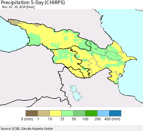 Azerbaijan, Armenia and Georgia Precipitation 5-Day (CHIRPS) Thematic Map For 3/16/2024 - 3/20/2024