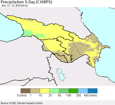 Azerbaijan, Armenia and Georgia Precipitation 5-Day (CHIRPS) Thematic Map For 3/21/2024 - 3/25/2024
