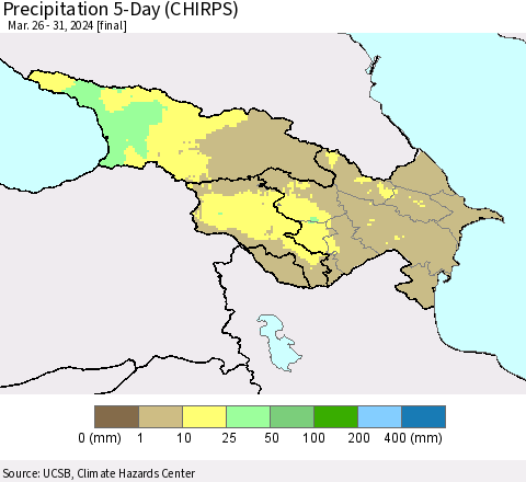 Azerbaijan, Armenia and Georgia Precipitation 5-Day (CHIRPS) Thematic Map For 3/26/2024 - 3/31/2024
