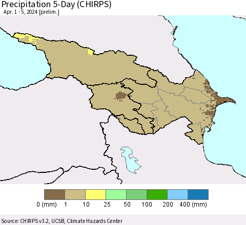 Azerbaijan, Armenia and Georgia Precipitation 5-Day (CHIRPS) Thematic Map For 4/1/2024 - 4/5/2024
