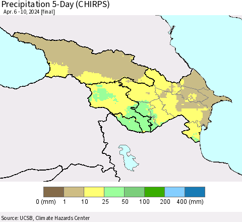Azerbaijan, Armenia and Georgia Precipitation 5-Day (CHIRPS) Thematic Map For 4/6/2024 - 4/10/2024