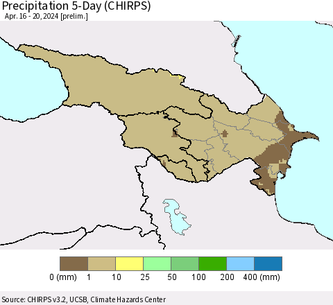 Azerbaijan, Armenia and Georgia Precipitation 5-Day (CHIRPS) Thematic Map For 4/16/2024 - 4/20/2024