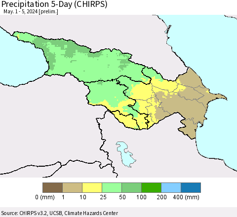 Azerbaijan, Armenia and Georgia Precipitation 5-Day (CHIRPS) Thematic Map For 5/1/2024 - 5/5/2024