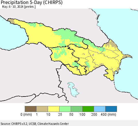 Azerbaijan, Armenia and Georgia Precipitation 5-Day (CHIRPS) Thematic Map For 5/6/2024 - 5/10/2024