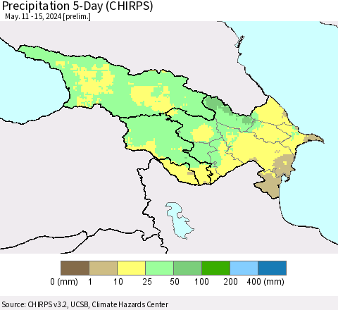 Azerbaijan, Armenia and Georgia Precipitation 5-Day (CHIRPS) Thematic Map For 5/11/2024 - 5/15/2024