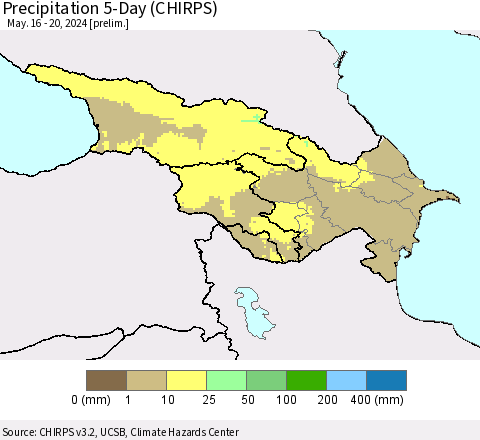 Azerbaijan, Armenia and Georgia Precipitation 5-Day (CHIRPS) Thematic Map For 5/16/2024 - 5/20/2024