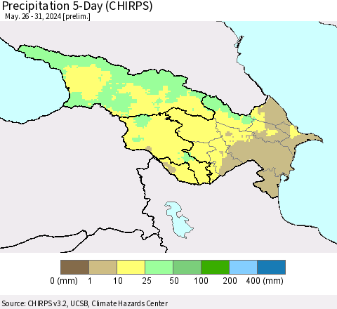 Azerbaijan, Armenia and Georgia Precipitation 5-Day (CHIRPS) Thematic Map For 5/26/2024 - 5/31/2024