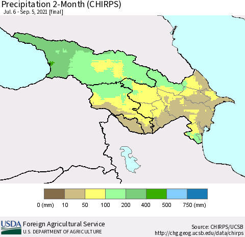 Azerbaijan, Armenia and Georgia Precipitation 2-Month (CHIRPS) Thematic Map For 7/6/2021 - 9/5/2021