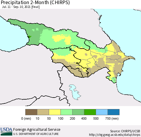 Azerbaijan, Armenia and Georgia Precipitation 2-Month (CHIRPS) Thematic Map For 7/11/2021 - 9/10/2021