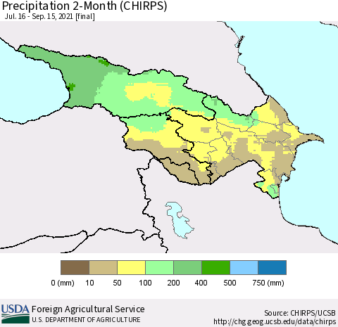 Azerbaijan, Armenia and Georgia Precipitation 2-Month (CHIRPS) Thematic Map For 7/16/2021 - 9/15/2021