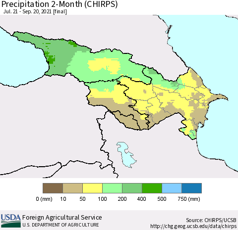Azerbaijan, Armenia and Georgia Precipitation 2-Month (CHIRPS) Thematic Map For 7/21/2021 - 9/20/2021
