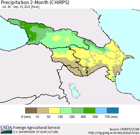 Azerbaijan, Armenia and Georgia Precipitation 2-Month (CHIRPS) Thematic Map For 7/26/2021 - 9/25/2021