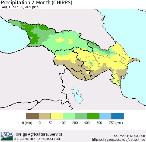 Azerbaijan, Armenia and Georgia Precipitation 2-Month (CHIRPS) Thematic Map For 8/1/2021 - 9/30/2021