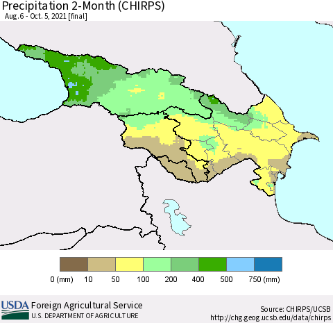 Azerbaijan, Armenia and Georgia Precipitation 2-Month (CHIRPS) Thematic Map For 8/6/2021 - 10/5/2021