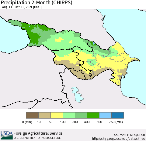 Azerbaijan, Armenia and Georgia Precipitation 2-Month (CHIRPS) Thematic Map For 8/11/2021 - 10/10/2021