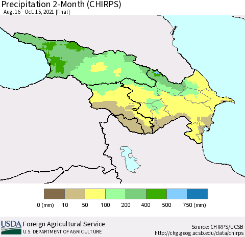 Azerbaijan, Armenia and Georgia Precipitation 2-Month (CHIRPS) Thematic Map For 8/16/2021 - 10/15/2021