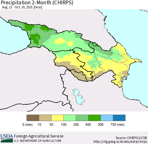 Azerbaijan, Armenia and Georgia Precipitation 2-Month (CHIRPS) Thematic Map For 8/21/2021 - 10/20/2021