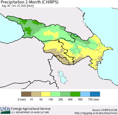 Azerbaijan, Armenia and Georgia Precipitation 2-Month (CHIRPS) Thematic Map For 8/26/2021 - 10/25/2021