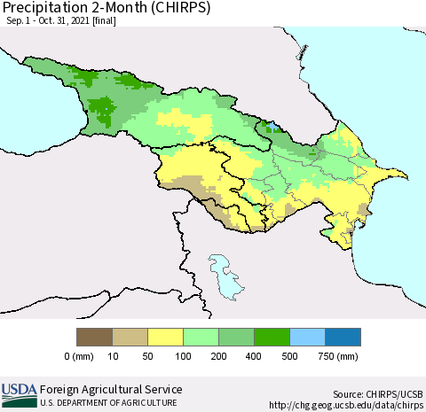 Azerbaijan, Armenia and Georgia Precipitation 2-Month (CHIRPS) Thematic Map For 9/1/2021 - 10/31/2021
