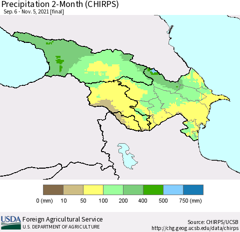 Azerbaijan, Armenia and Georgia Precipitation 2-Month (CHIRPS) Thematic Map For 9/6/2021 - 11/5/2021