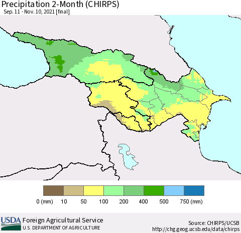 Azerbaijan, Armenia and Georgia Precipitation 2-Month (CHIRPS) Thematic Map For 9/11/2021 - 11/10/2021