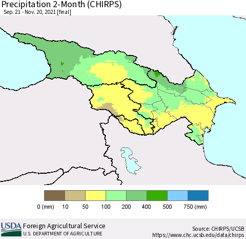 Azerbaijan, Armenia and Georgia Precipitation 2-Month (CHIRPS) Thematic Map For 9/21/2021 - 11/20/2021