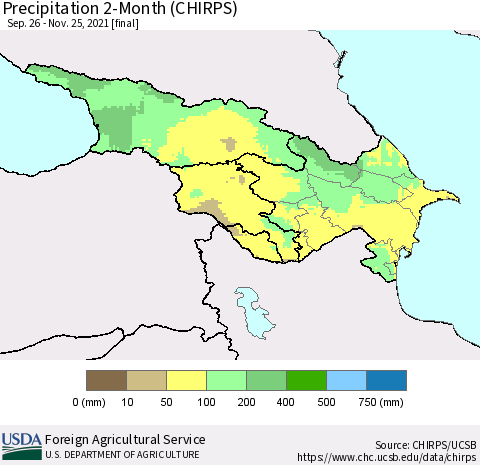 Azerbaijan, Armenia and Georgia Precipitation 2-Month (CHIRPS) Thematic Map For 9/26/2021 - 11/25/2021