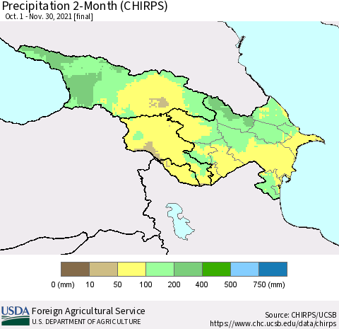 Azerbaijan, Armenia and Georgia Precipitation 2-Month (CHIRPS) Thematic Map For 10/1/2021 - 11/30/2021