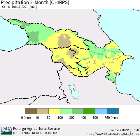 Azerbaijan, Armenia and Georgia Precipitation 2-Month (CHIRPS) Thematic Map For 10/6/2021 - 12/5/2021