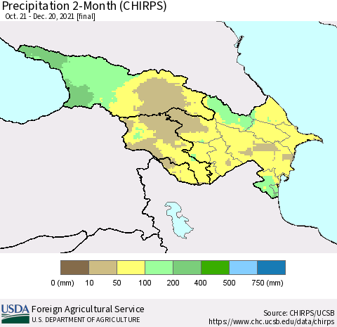 Azerbaijan, Armenia and Georgia Precipitation 2-Month (CHIRPS) Thematic Map For 10/21/2021 - 12/20/2021