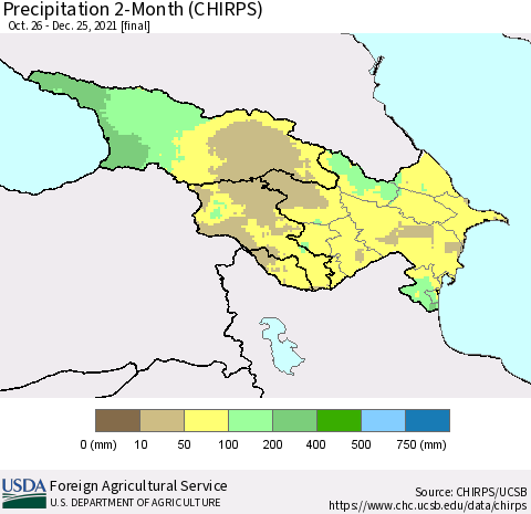 Azerbaijan, Armenia and Georgia Precipitation 2-Month (CHIRPS) Thematic Map For 10/26/2021 - 12/25/2021