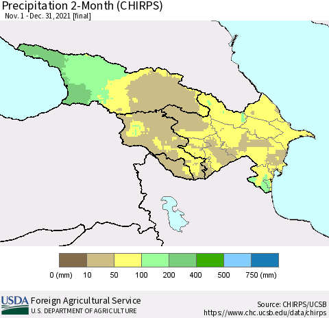 Azerbaijan, Armenia and Georgia Precipitation 2-Month (CHIRPS) Thematic Map For 11/1/2021 - 12/31/2021