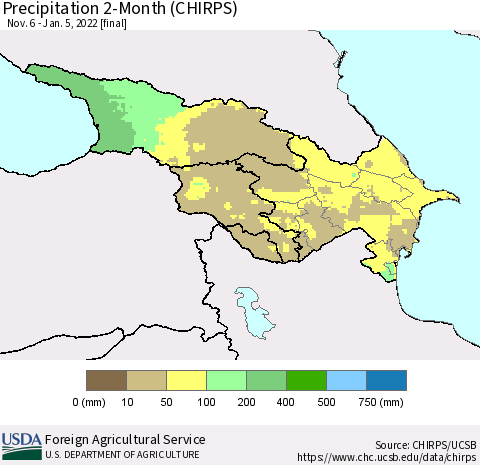 Azerbaijan, Armenia and Georgia Precipitation 2-Month (CHIRPS) Thematic Map For 11/6/2021 - 1/5/2022