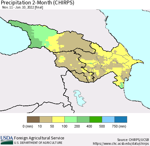 Azerbaijan, Armenia and Georgia Precipitation 2-Month (CHIRPS) Thematic Map For 11/11/2021 - 1/10/2022