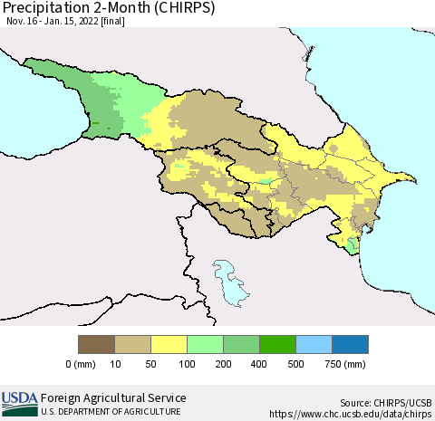 Azerbaijan, Armenia and Georgia Precipitation 2-Month (CHIRPS) Thematic Map For 11/16/2021 - 1/15/2022