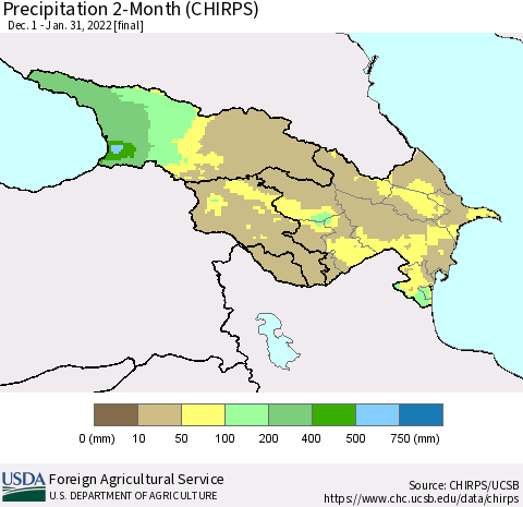 Azerbaijan, Armenia and Georgia Precipitation 2-Month (CHIRPS) Thematic Map For 12/1/2021 - 1/31/2022